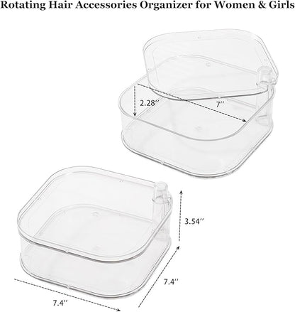 FABROK Large Rotating Hair Accessories Organizer for Girls, Clear Hair Product Holder for Women Headbands, Scrunchies, Clip, Ties, Brushes, Plastic Vanity Storage Box for Jewelry and Makeup