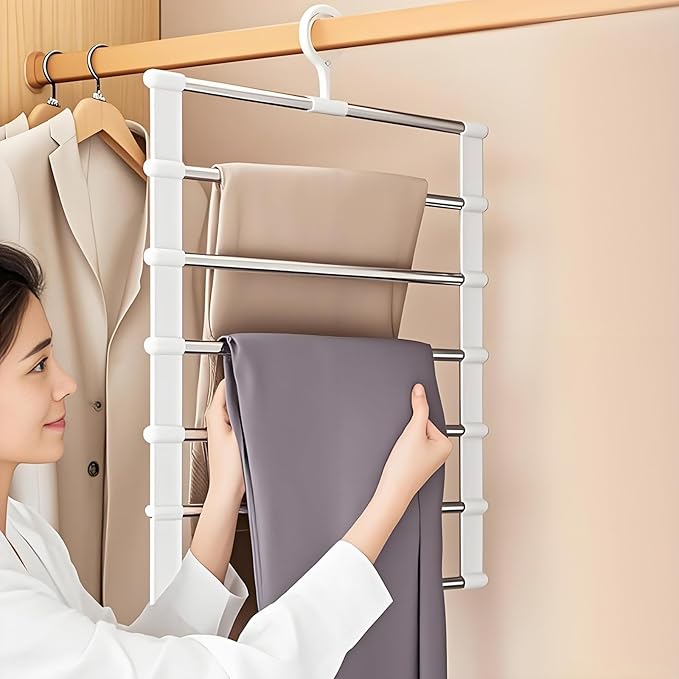 4 Pack Pants Hangers Space Saving, Portable Travel Pants Hanger, 7 Layers Multiple Metal Legging Clothes Hanger, Travel Hangers Essential Accessories for Pants Jeans Skirts Scarf Legging