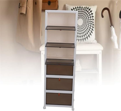 Shoe Storage Box 6 Pack Clear Plastic Stackable Shoe Organizer with Magnetic Door and Wheels for Sneakers Boots Closet Entryway (6 Layers)