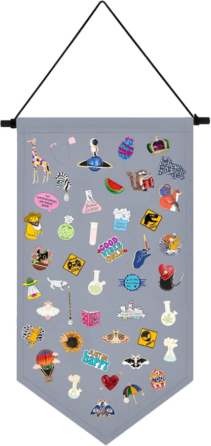 Kunyeah Wall Hanging Brooch Organizer Storage Case Colorful Canvas Pin Board Stand Enamel Pin Badge Hanging Holder Display Banner Earrings Collection Holder - Pins No Included (Gray)