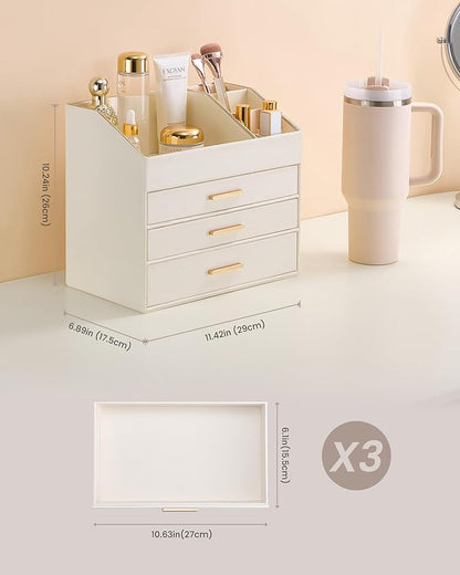 Lolalet PU Leather Makeup Organizer for Vanity Desk, 4-Layer Luxury Make Up Storage Cosmetics Holder Box with Drawers -Cream