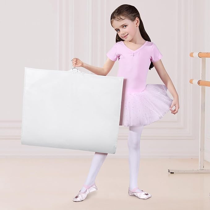 Univivi Dance Costume Bags Garment Bag 40 Inch Hanging Clothes for Dance Competitions, with 3 Medium Clear Zipper Pockets for Dance Costumes, Closet Storage (White) - 8 Pack