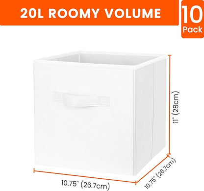 Criusia Storage Cubes, 11 Inch Cube Storage Bins for Shelves Closet Nursery Bedroom - 10 Pack Collapsible Baskets with Handles - Fabric Bins for Organizing Clothes Blanket Toys (White)