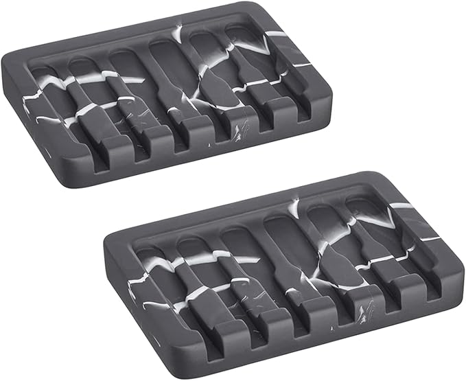 INIUNIK 2PCS Self Draining Soap Dish - Marble Look Soap Holder Tray Savers Box Container Sponge Holder for Bathroom Shower Kitchen, Black