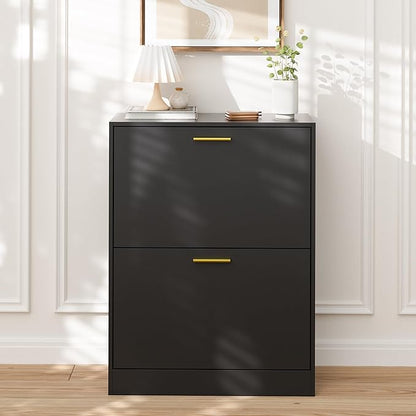 LYNSOM Shoe Cabinet, Free Standing Tipping Bucket Shoe Rack Organizer with 2 Flip Drawers, Modern Entryway Shoe Storage with Top Display, Narrow Slim Hidden Shoe Cabinet (Black)