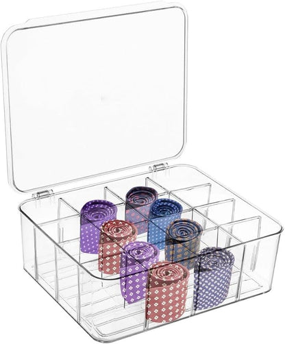 Varku Tie Organizer Box, 16-Cell Clear Tie Rack Organizer, Stackable Tie Display Rack, Drawer Closet Storage Bin with Lid, Storage Box for Ties (16 Cell)