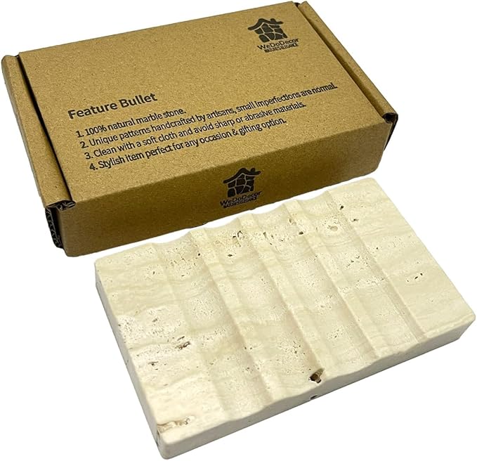 WeDoDecor Real Travertine Marble Soap Dish for Shower Stone Tray Small Bar Soap Holder with Self Draining | Non-Slip, Luxury Bath Room Accessories (Beige)