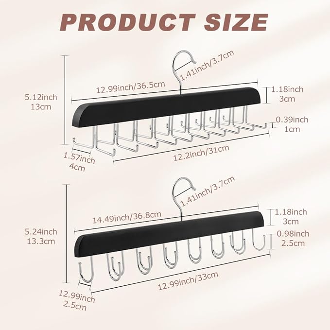 2 Pack Tie Rack Belt Hanger with 20 Foldable Metal Hooks, Space Saving Necktie Organizer for Men Wooden Belt Tie Organizer for Tank Tops Bras Cami Scarves