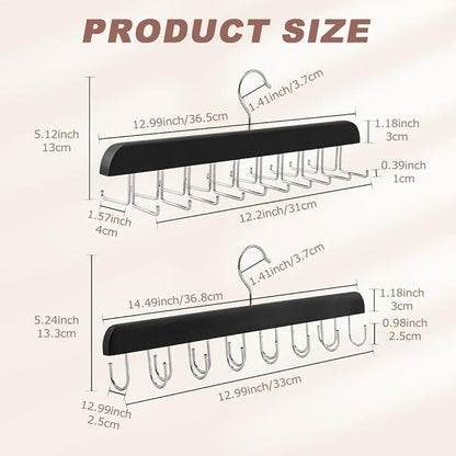 2 Pack Tie Rack Belt Hanger with 20 Foldable Metal Hooks, Space Saving Necktie Organizer for Men Wooden Belt Tie Organizer for Tank Tops Bras Cami Scarves
