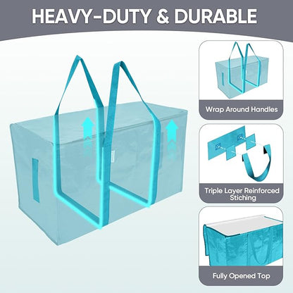 TICONN 6 Pack Extra Large Moving Bags Heavy Duty with Zippers & Carrying Handles, Durable Storage Bags Moving Boxes for Closet Organizers and Storage (6 Pack, Aqua)
