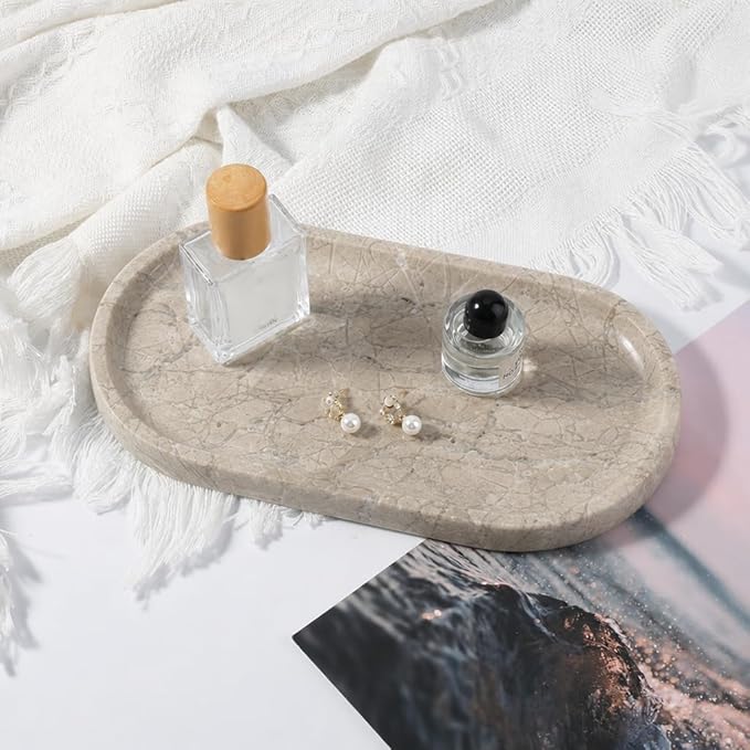 Koville Natural Silver Pearl Marble Decorative Tray, 10" x 5" Marble Vanity Tray for Bathroom Countertop Organizer Stone Trays, Catchall Tray Stone Plate for Perfume, Candles, Jewelry
