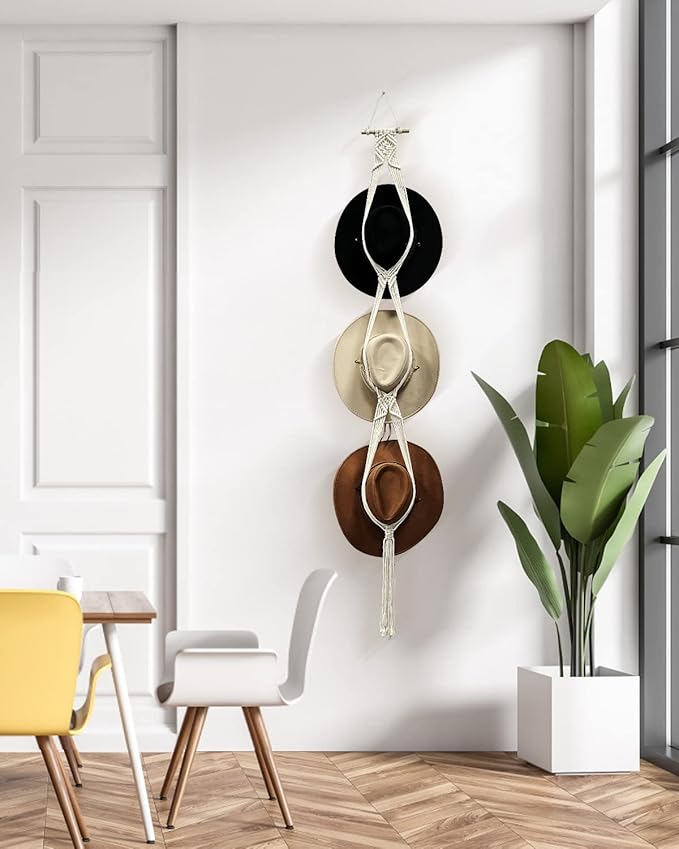 Gute Macrame Hat Hangers, Boho Hats Rack for for Wall Hanging, Black White Woven Women Hat Holder Organizer for Wide Brim and Fedoras Sun Hat Cowboy Hat Display(White,6 Hat Style)