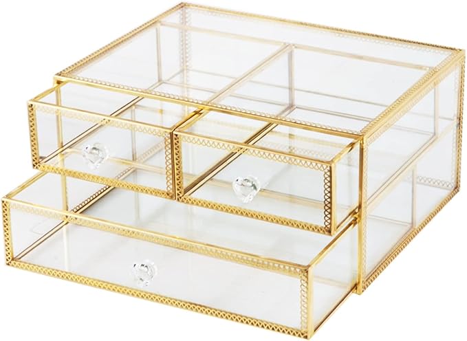 Vellon Gold Glass Box Makeup Organizer, Glass Jewelry Drawer, Vintage Jewel Organizer, Desktop Cosmetic Storage, Makeup Container, Keepsake Case with Golden Lace Decoration, 2 Tiers