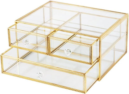 Vellon Gold Glass Box Makeup Organizer, Glass Jewelry Drawer, Vintage Jewel Organizer, Desktop Cosmetic Storage, Makeup Container, Keepsake Case with Golden Lace Decoration, 2 Tiers