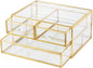 Vellon Gold Glass Box Makeup Organizer, Glass Jewelry Drawer, Vintage Jewel Organizer, Desktop Cosmetic Storage, Makeup Container, Keepsake Case with Golden Lace Decoration, 2 Tiers