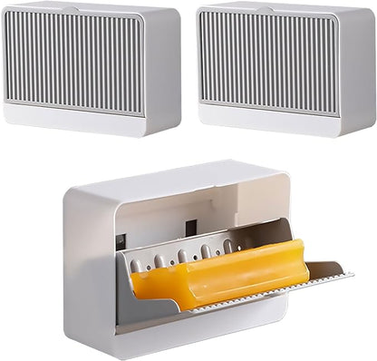 3 Pack Dust-Proof Soap Holder for Shower Wall, Adhesive Wall-Mounted Bar Soap Dish, No-Drill Plastic Soap Saver with Drain, xicveiuz White-Grey