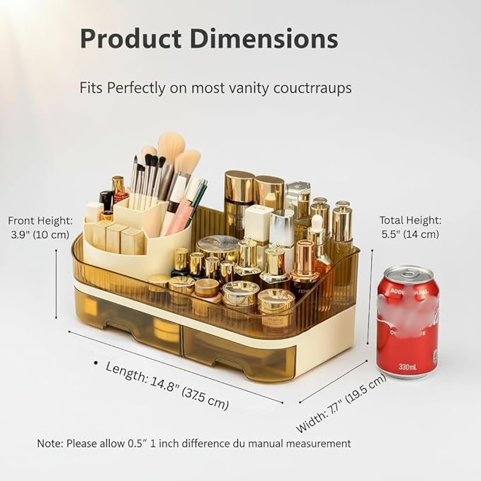 Makeup Organizer with Dual Drawers - Large Capacity Countertop Cosmetic Storage for Skincare Vanity Bathroom