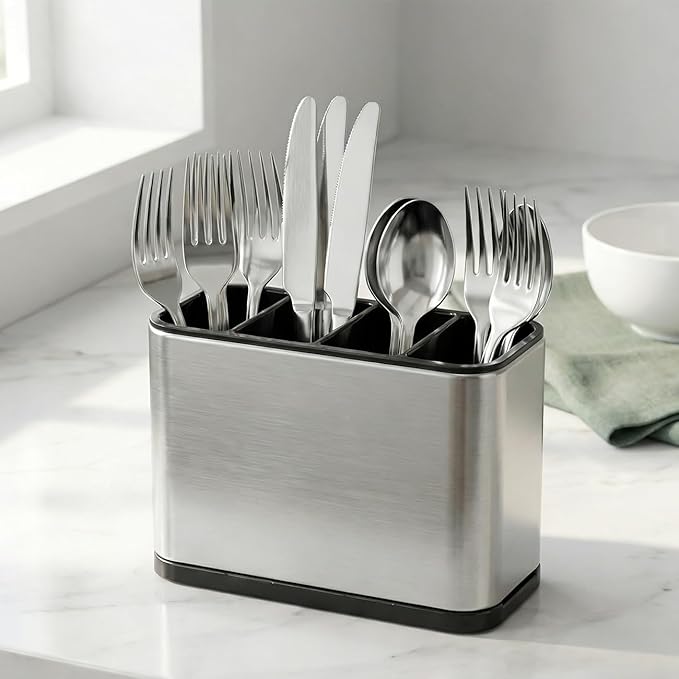 Utensil Holder, Silverware Organizer Caddy for Countertop Kitchen with 4 Compartments, Flatware Spoon Fork Tool Cutlery Holder Utensil Crock with Drain Tray for Counter Party Office, Silvery