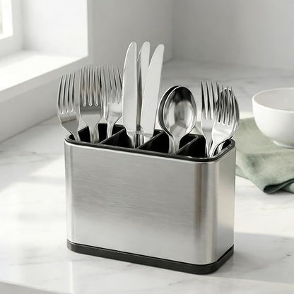 Utensil Holder, Silverware Organizer Caddy for Countertop Kitchen with 4 Compartments, Flatware Spoon Fork Tool Cutlery Holder Utensil Crock with Drain Tray for Counter Party Office, Silvery
