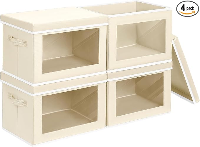 Homsorout Storage Bins with Lids - Small Fabric Organizers with Window, Collapsible Storage Bins for Clothes, Decorative Closet Organizers for Towels, Tshirt, 4 Pack, Beige