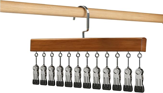 Closet Organizer with 12 Clips, Space Saving Hangers for Clothes, Hanging Closet Organizers and Storage, Wooden Socks Hats Pants Hangers with Clips, for Small Room Organization