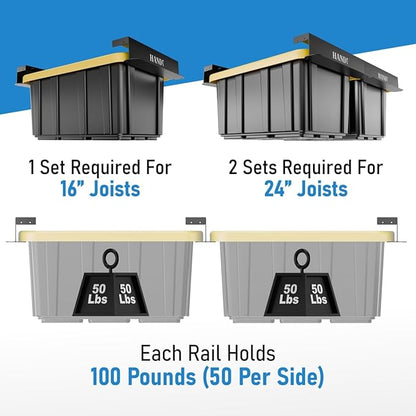 USA Based Overhead Garage Storage Rack, Connectable Heavy Duty Metal Ceiling Rails Garage Storage Organization Shelving System, Hanging Racks Tote Containers, Supports Up To 3 Bins, 2 Sets Black