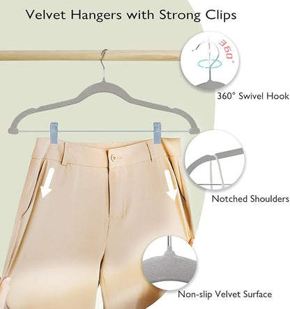 ManGotree Pants Hangers with Movable Clips, Non-Slip Velvet Skirt Hangers, Space-Saving Clothes Hangers for Pants, Skirts, Shirts, Coats, Dresses (32 Pack, Grey)