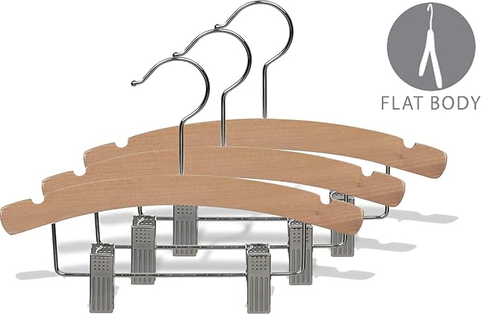 Wooden Kids Combo Hanger w/Adjustable Cushion Clips, Box of 50 12 Inch Wood Top Hangers w/Natural Finish & Chrome Swivel Hook for Childrens Clothes
