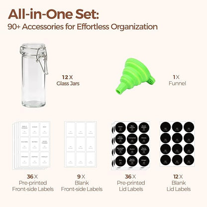 ComSaf 12 Pack 4 oz Glass Spice Jars with Airtight Swing Top Lids, Small Clear Containers for Pantry Organization, Herb Storage, DIY Crafts & Gifts - Complete Set Includes Funnel & Spice Labels