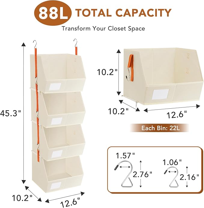 4 Pcs Modular Closet Organizer - Detachable & Foldable Hanging Storage Cubes, 88L Total Capacity, Heavy Duty Fabric Shelves for Wardrobe, Closet Organization, RV, Dorm, Beige