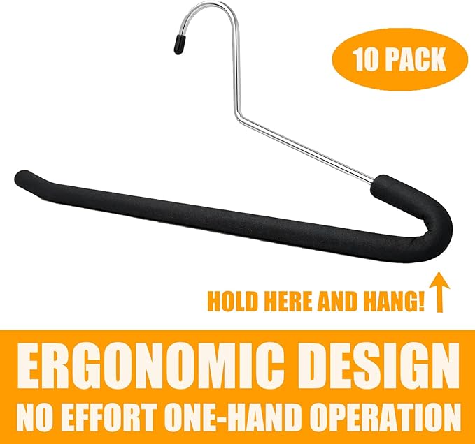 [Upgraded Reversed Hook] HUJI Extra Long Heavy Duty Open Ended Ergonomic Easy Slide Non-Slip Wrinkle Free Foam Coated Metal Pants Hangers Trouser Organizers (10 Pieces Set)