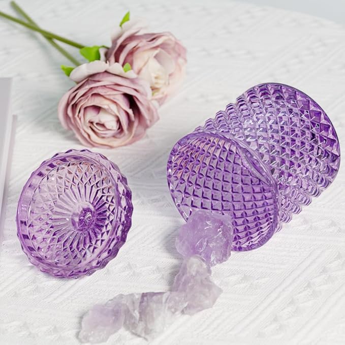 R FLORY 2 Pack Qtip Holder Glass Apothecary Jars with Lids Bathroom Storage Organizer for Cotton Swabs, Balls, Pads, Floss Picks, Vanity Storage Containers for Makeup, Candy, Jewelry (10+24oz, Purple)