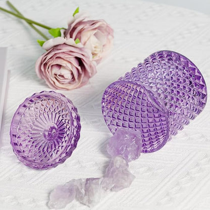 R FLORY 2 Pack Qtip Holder Glass Apothecary Jars with Lids Bathroom Storage Organizer for Cotton Swabs, Balls, Pads, Floss Picks, Vanity Storage Containers for Makeup, Candy, Jewelry (10+24oz, Purple)
