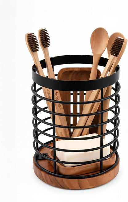 Wooden Utensil Holder for Kitchen Countertop, Rustic Metal Wire Cutlery Stand with Solid Wood Base, Spoon Spatula Organizer for Kitchen Décor Cooking Tools - 5.2" x 5.2" x 6"