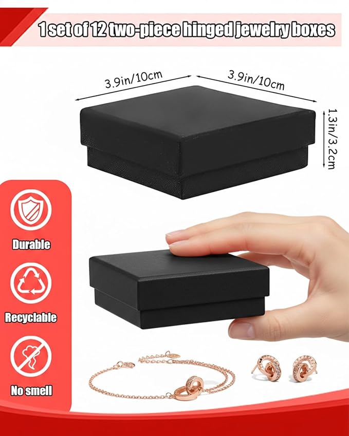 Rocutus Jewelry Gift Boxes for Necklace, Earring, Ring - Cotton Filled Cardboard Paper Jewelry Box Gift Cases for Wedding, 12 Pack Engagement, Gift Packaging, Luxury Jewelry Box, Ring Box (Black)