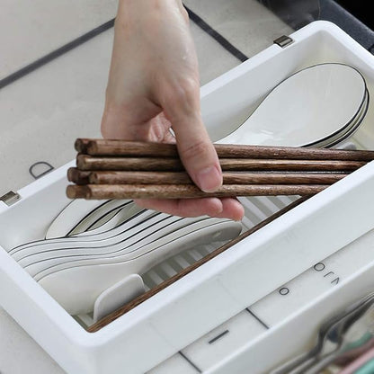 Large Flatware Tray Kitchen Drawer Organizer With Lid And Drainer - Plastic Kitchen Cutlery Tray and Utensil Storage Container with Cover - Dinnerware Holder White