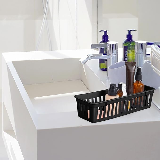 Domensi 24 Pack Slim Plastic Storage Baskets Tray for Organizing 10.25x3.25x2.5 Inch Small Narrow Storage Bins Stackable Drawer Pencil Trays Holder for Desk Garage Cabinet Container (Black)
