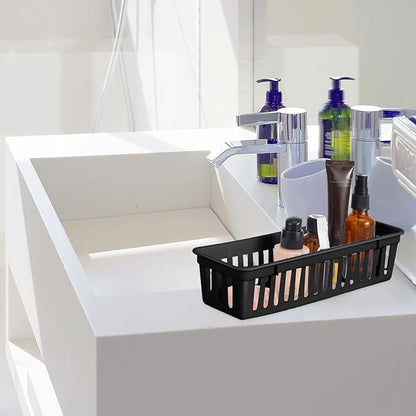 Domensi 24 Pack Slim Plastic Storage Baskets Tray for Organizing 10.25x3.25x2.5 Inch Small Narrow Storage Bins Stackable Drawer Pencil Trays Holder for Desk Garage Cabinet Container (Black)