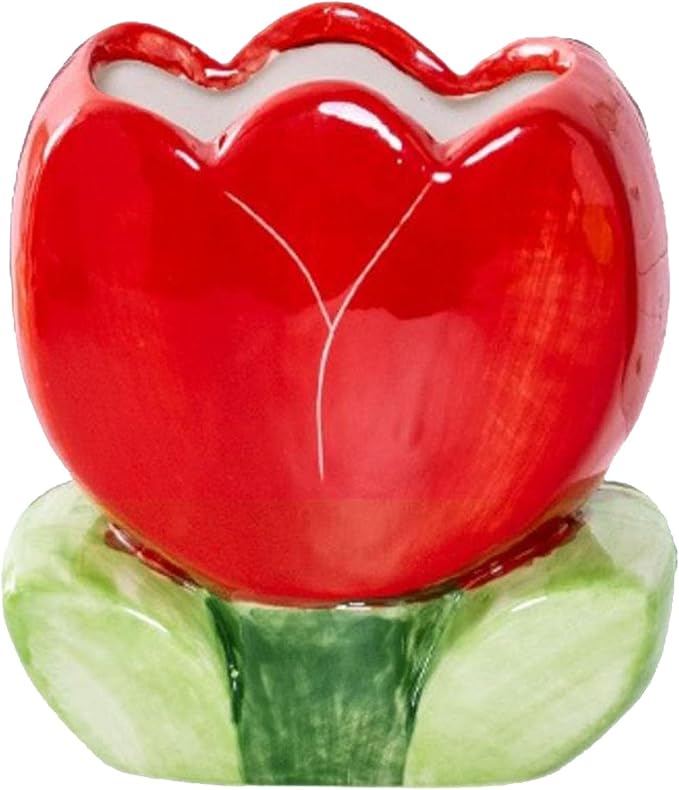 1 PC Ceramic Tulip Make up Brush Holder Flower Toothbrush Holder Cosmetic Storage Box Pen and Pencil Holder Desktop Organizers (Red)