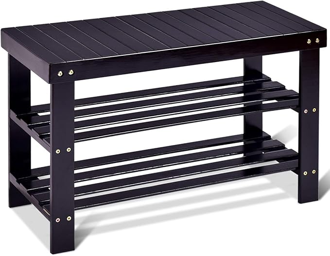 GOFLAME Shoe Bench Rack, 2-Tier Bamboo Seat Storage Shelf, Free Standing Shoe Storage Bench with Stylish and Modern Design, Shoe Organizer for Décor Entryway, Hallway, Living Room, Bathroom (Black)