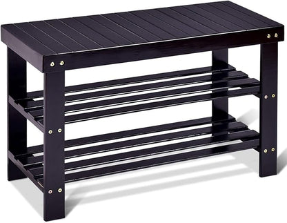GOFLAME Shoe Bench Rack, 2-Tier Bamboo Seat Storage Shelf, Free Standing Shoe Storage Bench with Stylish and Modern Design, Shoe Organizer for Décor Entryway, Hallway, Living Room, Bathroom (Black)