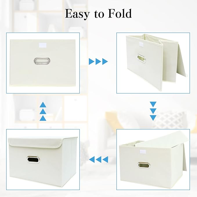 STOREONE Fabric Storage Cube Bins Foldable Organizer Container Collapsible Basket with Lids and Metal Handles, for Home, Bedroom, Closet 8 Pcs (Creamy-White)