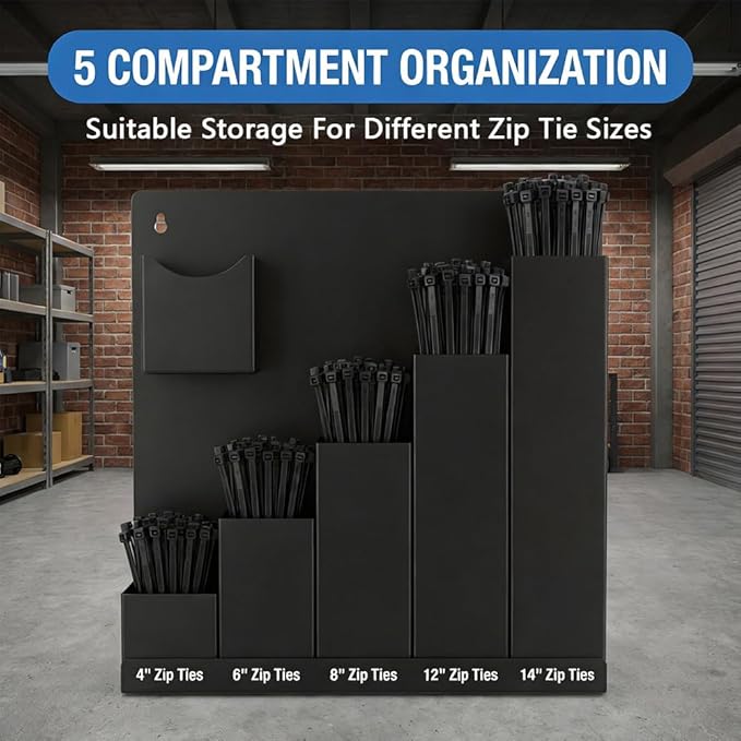 Cable Zip Tie Storage Holder, Wall-Mounted Zip Tie Organizer with Cutter Pliers & 250 Ties, Cable Tie Organizer for Workshop, Shed, Garage, Home