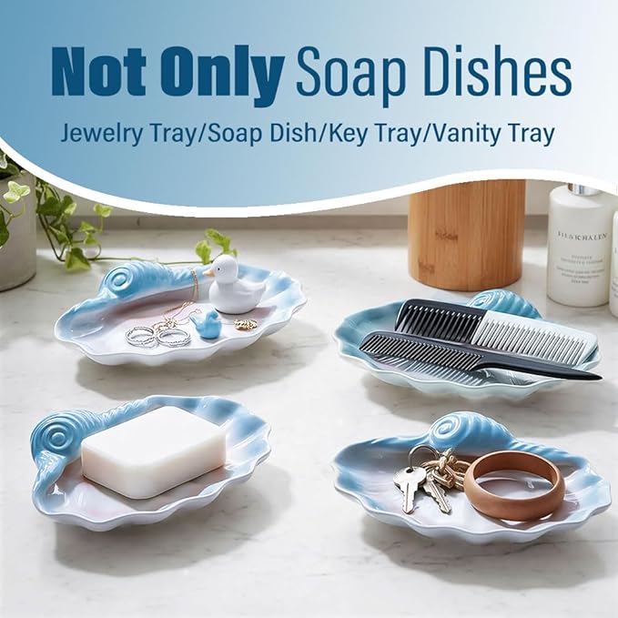 Ceramic Shell Soap Dish (7.7 x 5.3 in), Seashell Soap Holder Tray for Bathroom Shower Sink, Blue Shell Trinket Tray for Jewelry Rings Keys, Vanity Counter Organizer