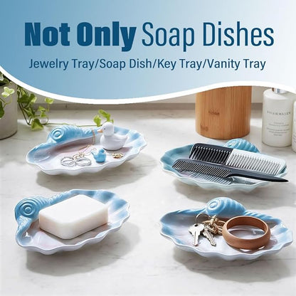 Ceramic Shell Soap Dish (7.7 x 5.3 in), Seashell Soap Holder Tray for Bathroom Shower Sink, Blue Shell Trinket Tray for Jewelry Rings Keys, Vanity Counter Organizer