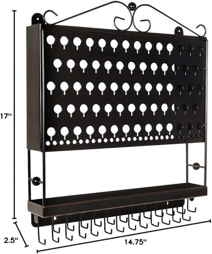 JR20-ORB Oil Rubbed Bronze Wall Mounted Organizer Necklace Holder Earring & Jewelry Display Rack with Tray