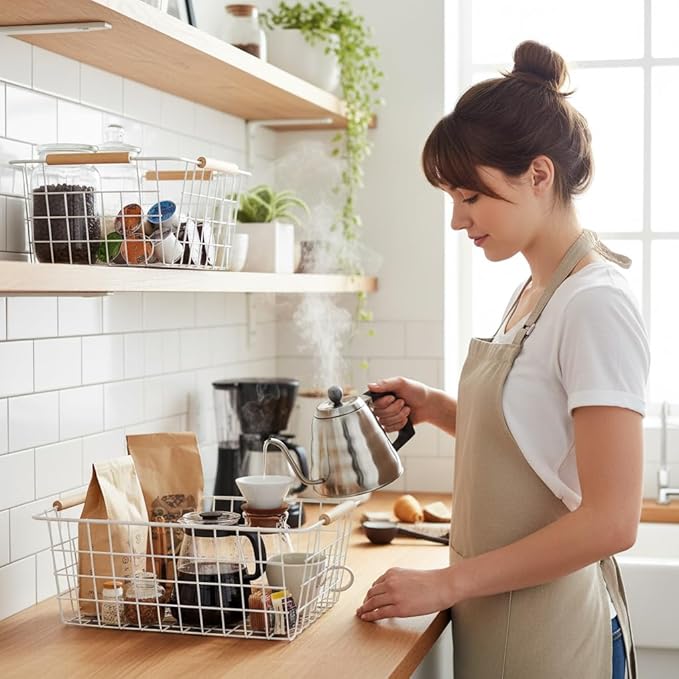 4 Pack White Metal Wire Food Storage Basket Organizer with Wooden Handles for Organizing Kitchen Cabinets Large