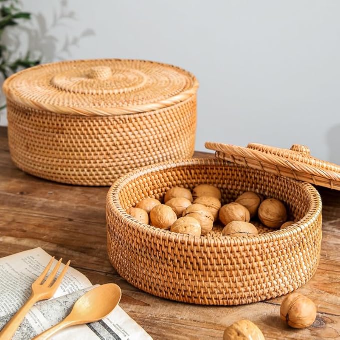 Rattan Basket With Lid, Lidded Wicker Storage Basket for Organizing, Woven Box, Rattan Storage Bin for Shlef or Table, Natural