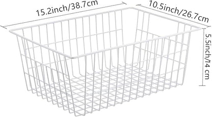 Redrubbit Wire Storage Baskets, Large Farmhouse Metal Freezer Basket Storage Organizer Bins with Handles for Kitchen Cabinets, Pantry, Closets, Bedrooms, Bathrooms, Set of 4, White