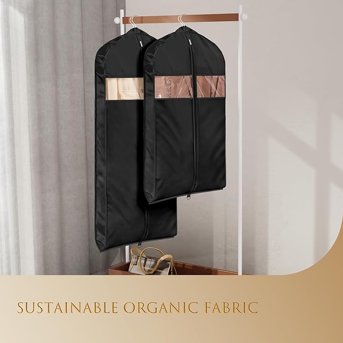 Univivi Super Soft Satin Garment Bags for Hanging Clothes, 60 Inch Zippered Dress Cover with Gussets, Breathable & Non-smell for Dresses, Coats, Jackets, Shirts, 2 Pack - Black